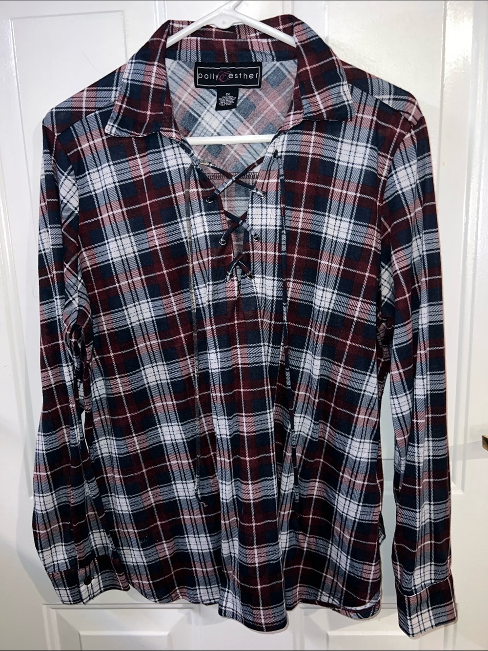 POLY & ESTHER ♥️ COTTON FLANNEL BLUE/RED/WHITE PLAID LONG SLEEVE LACE-UP TOP 2X